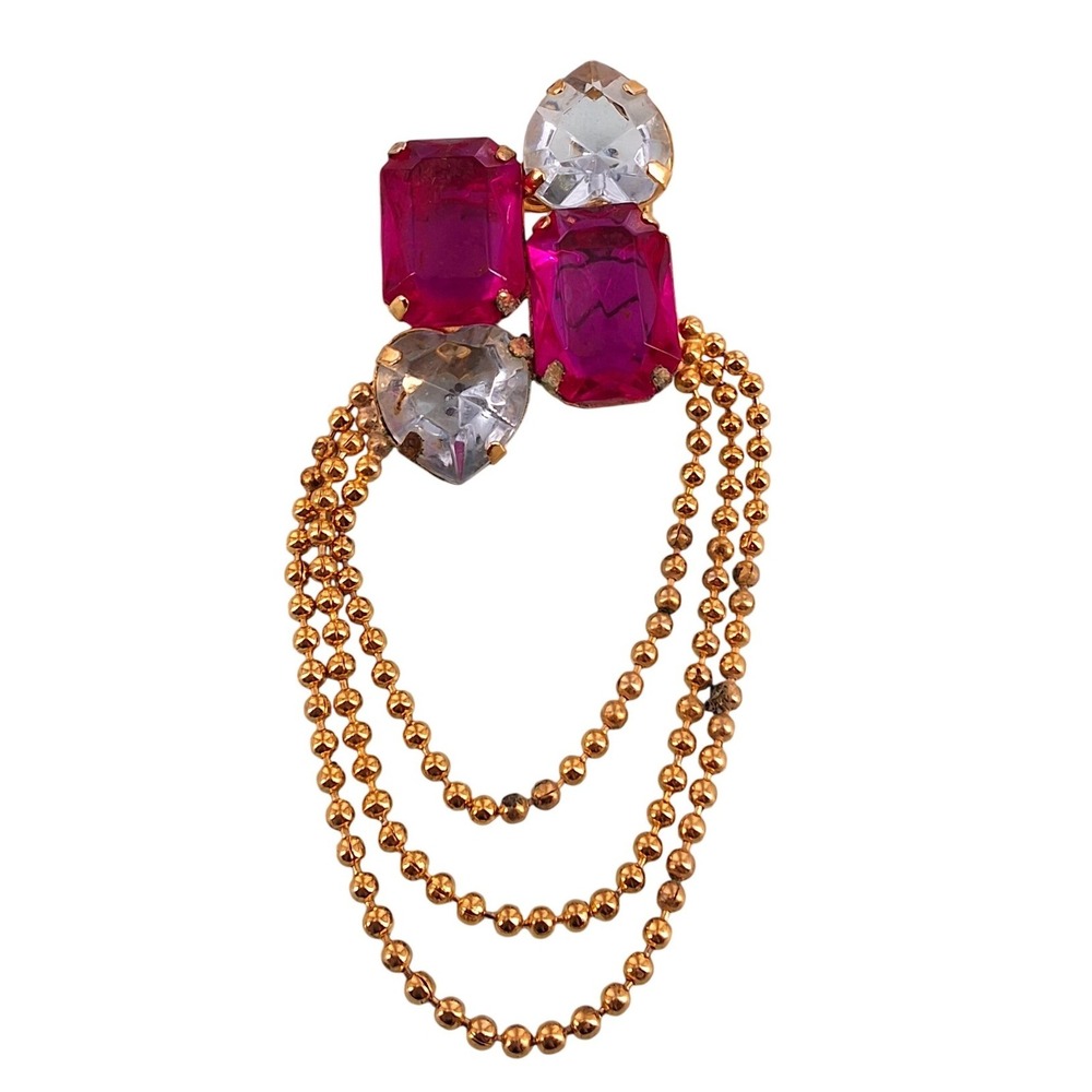 Vintage 80s Pink & Clear Rhinestone‎ Gold Tone Statement Brooch Pin